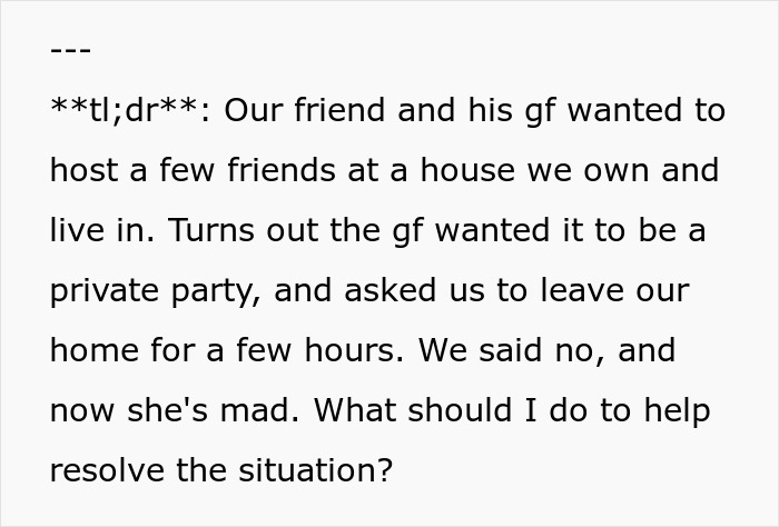 Text excerpt showing a woman accusing homeowners of ruining her party because they didn&rsquo;t leave their home.