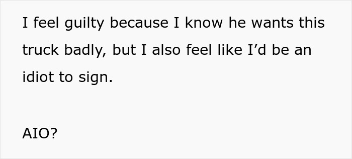 Text excerpt about feeling guilty over signing for a truck related to dream truck loan and inheritance issues.