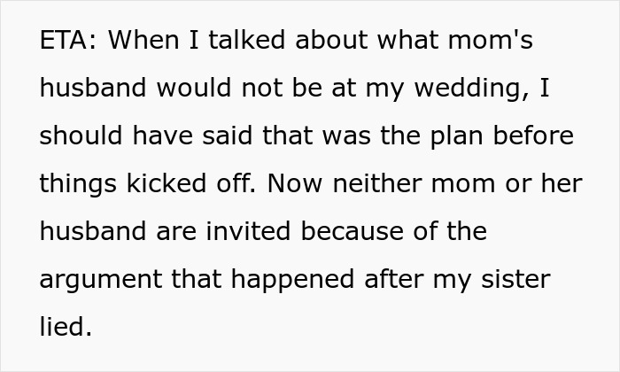 Text discussing a bride refusing to let mom's husband walk her down the aisle and a sister causing family conflict.