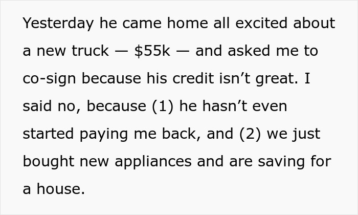 Alt text: Person explains why they refused to co-sign a $55k truck loan despite an inheritance owed.