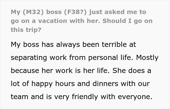 Text excerpt discussing a boss who invites an employee on vacation, highlighting blurred boundaries between work and personal life.