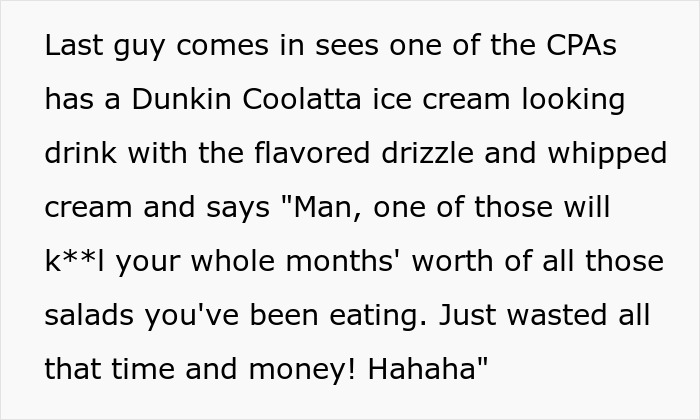 Text of a body-shaming comment made by an employee referencing unhealthy eating habits and junk food in a workplace setting.