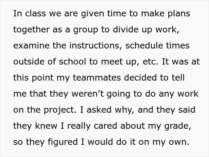 Text excerpt describing a group project fail involving lazy teammates expecting the smart one to do all the work.