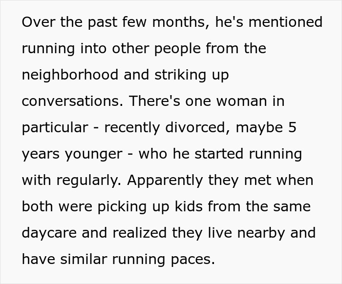 Text excerpt describing a woman questioning boundaries after husband goes running regularly with a divorced mom nearby.