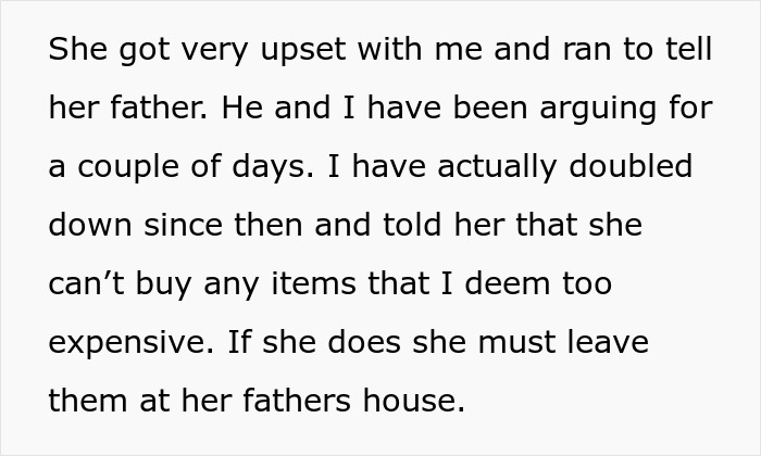 Text excerpt about mom telling daughter she can&rsquo;t buy items deemed too expensive to stay fair with sibling in family dispute.