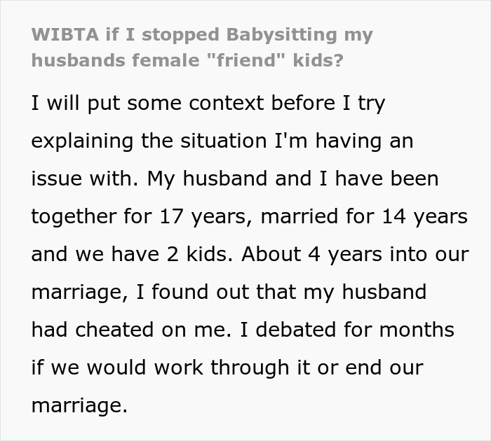 Text screenshot showing a woman&rsquo;s message about babysitting her husband&rsquo;s female friend&rsquo;s children and feeling suspicious.