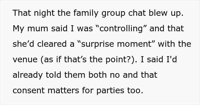 Text excerpt from a family group chat showing a woman discussing consent and shutting down a brother&rsquo;s proposal at her baby shower.