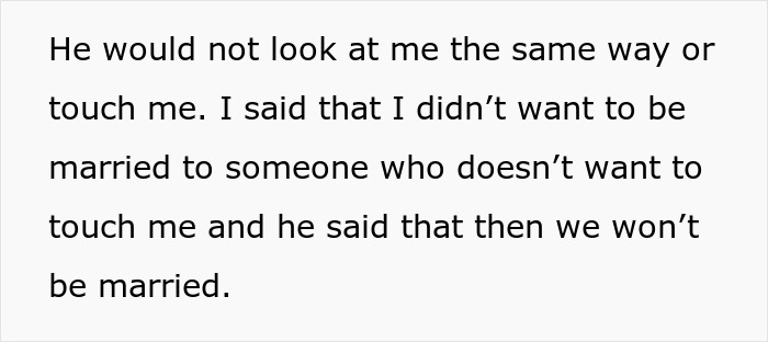 Text excerpt showing a woman describing a husband&rsquo;s ultimatum related to touching and marriage after plastic surgery concerns.