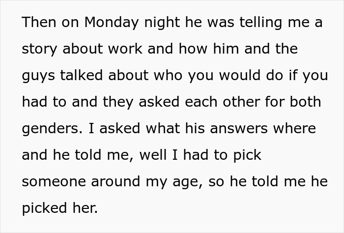 Text excerpt showing a woman suspicious of her husband&rsquo;s coworker while nannying his girlfriend&rsquo;s children for free.
