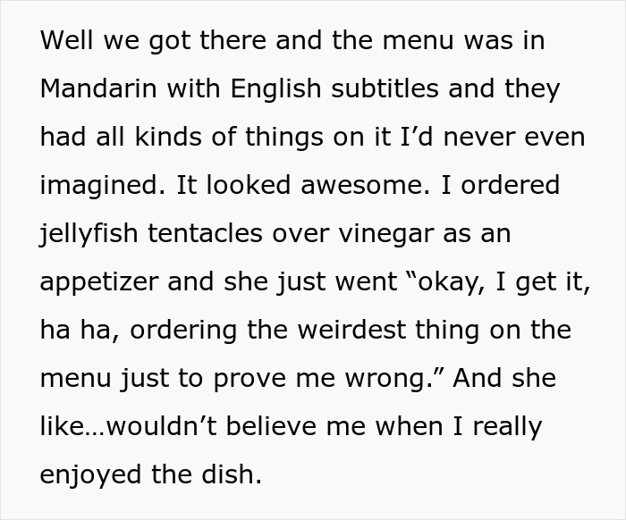 Text describing a dining experience including ordering fried pork intestine from a menu with Mandarin and English subtitles.