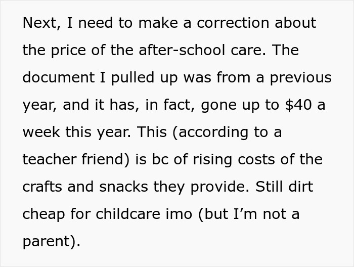 Text discussing correction about after-school care price increase to 40 dollars a week due to rising costs of crafts and snacks. Text discussing correction about after-school care price increase to 40 dollars a week due to rising costs of crafts and snacks.