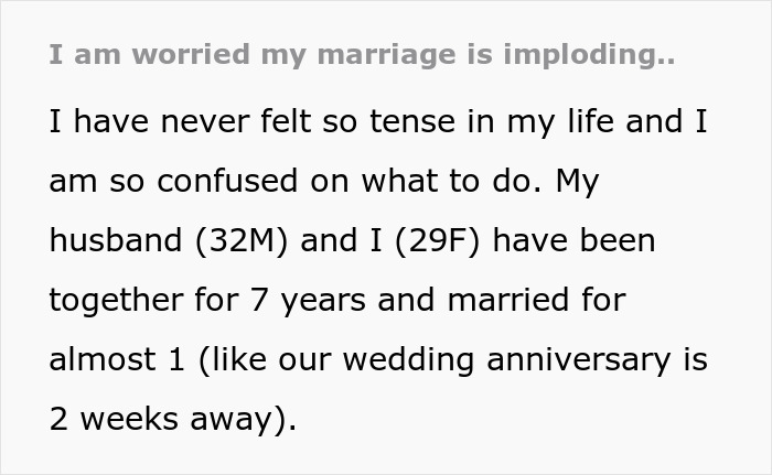 Text from a worried wife describing tension in her marriage after 7 years together and approaching their first anniversary.
