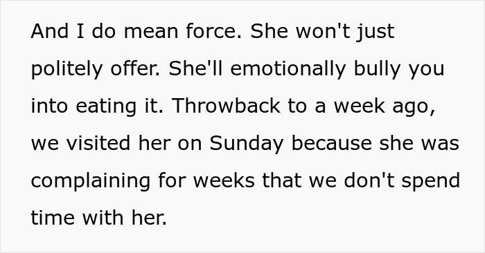 Text about cheap MIL emotionally bullying son and girlfriend into eating spoiled food during a family visit.