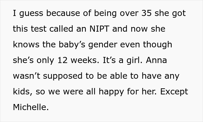 Text discussing a sister accusing favoring nephew niece after finding out the baby's gender early with a test.