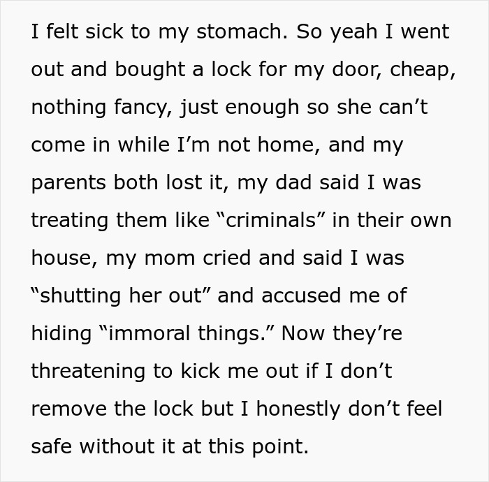 Alt text: Text about daughter locking room after mom accuses her of hiding immoral things and stealing underwear.