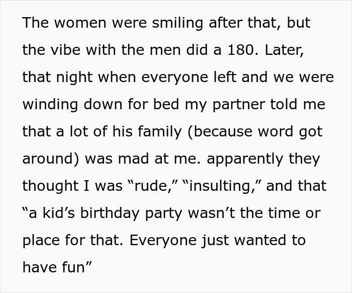 Text excerpt describes a woman standing up for cousin's wife against rude family members, facing backlash.