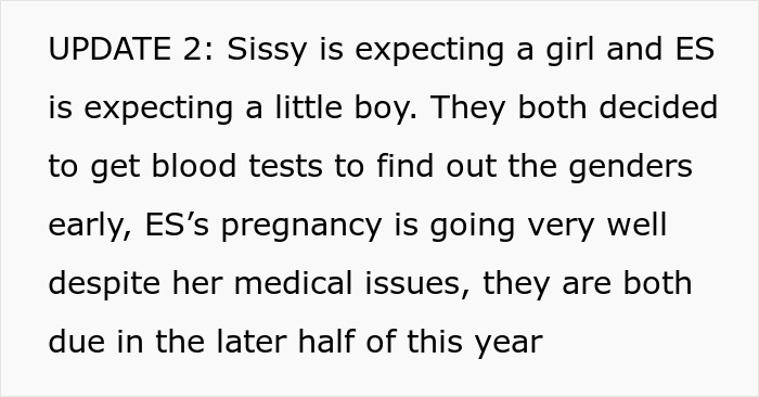Text update about siblings expecting babies and deciding to get blood tests to find out genders early in pregnancy.