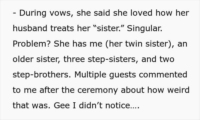 Bride tries to erase twin from wedding vows, revealing family favoritism and awkward moments among siblings and guests.