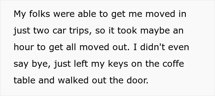 Text excerpt about moving out quickly and leaving keys on the coffee table after roommate tells them to move.