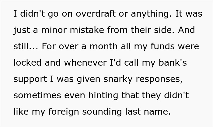 Text excerpt describing bank locking funds and poor support, highlighting conflict with bank using Russian bots on social media.