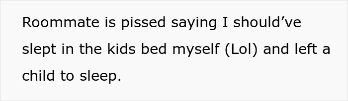 Text post discussing a roommate upset over letting a kid sleep in their bed instead of the poster.
