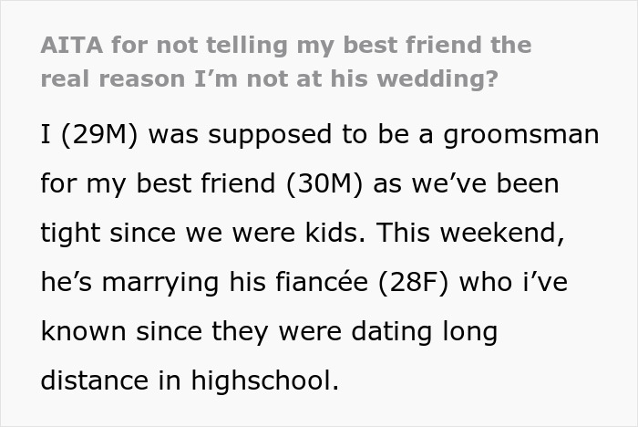Text post about a groom kissing his best friend at a bachelor party and the bride banning him from the wedding.