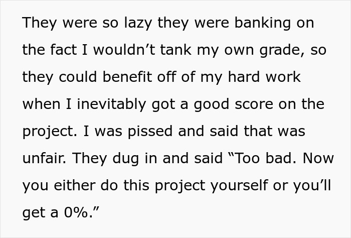 Alt text: Text about group project fails due to lazy teammates relying on the smart one to do all the work and score well