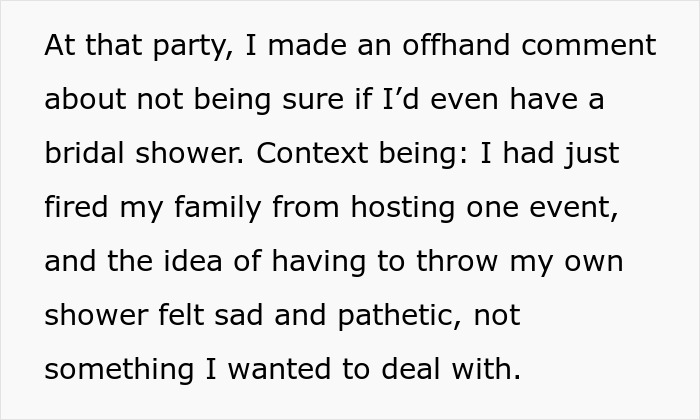 Text on a white background about struggling with bridal shower plans after firing family from hosting an event, revealing family favoritism.