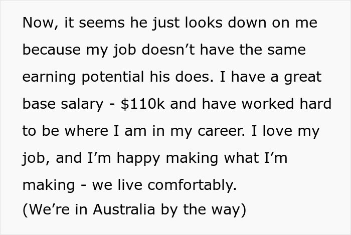 Text excerpt discussing earning differences in a relationship where man starts earning more and reveals red flags.