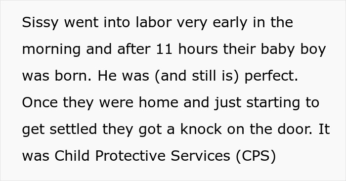 Text excerpt showing a story about a sister misunderstanding a babysitting offer and sending adoption papers after a baby&rsquo;s birth.