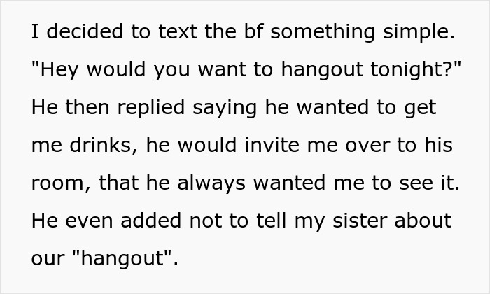 Text message exchange revealing secret plans to hang out, highlighting sister-boyfriend relationship drama and hidden intentions.