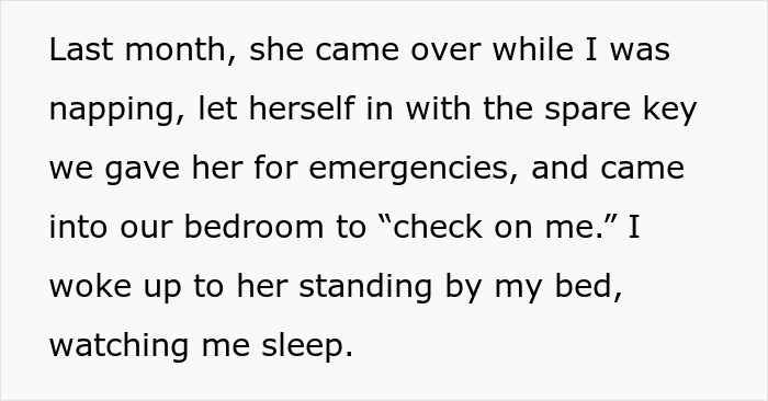 Text describing a creepy MIL watching her pregnant daughter-in-law sleep and the victim play after a bedroom lock is put on.