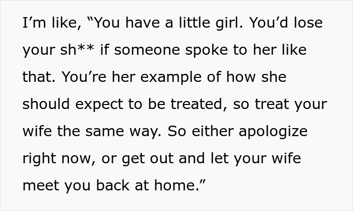 Text showing a woman defending cousin's wife against rude husband, urging him to apologize or leave, highlighting family respect.