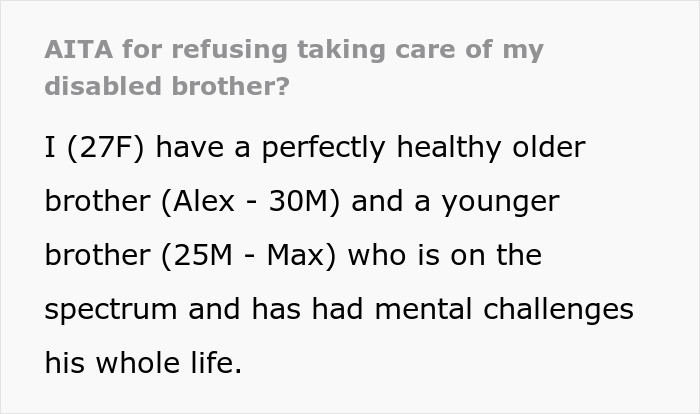 Text excerpt about siblings clashing over care for autistic brother, highlighting refusal to provide care and resulting cruelty claims.