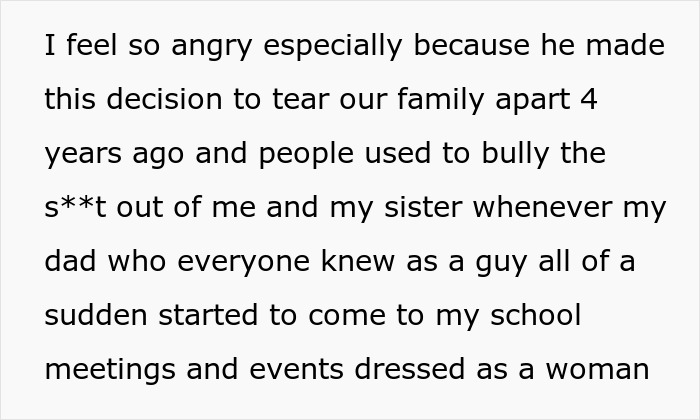 Text expressing anger about a dad turned trans attending school events dressed as a woman, affecting his children’s lives. Text expressing anger about a dad turned trans attending school events dressed as a woman, affecting his children’s lives.