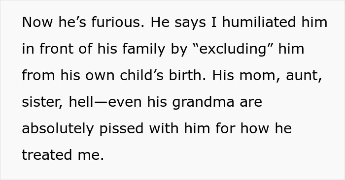 Text excerpt showing a husband furious after being excluded from his own child&rsquo;s birth, ignoring pregnant wife&rsquo;s feelings.