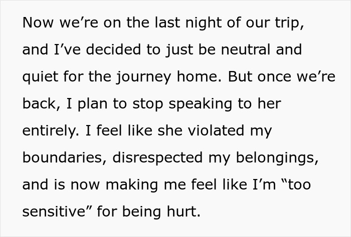 Text excerpt about woman ending a 15-year friendship after a purse incident due to boundary violations and disrespect.