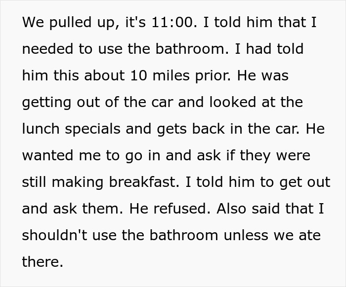 Man refuses to get out of the car to check restaurant menu, wife decides they are not eating out.