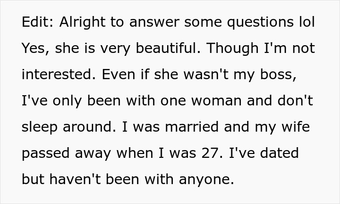 Text excerpt discussing a personal story about the boss invite vacation with her and past relationships.