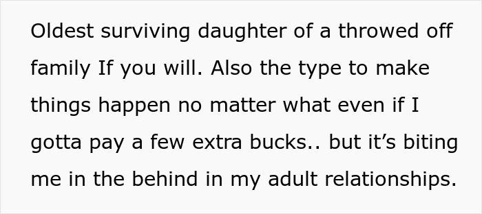 Text about oldest surviving daughter discussing challenges in adult relationships and making things happen despite costs.