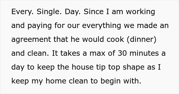 Text showing a woman upset with a lazy guy for not cooking or cleaning as agreed, highlighting relationship conflict.