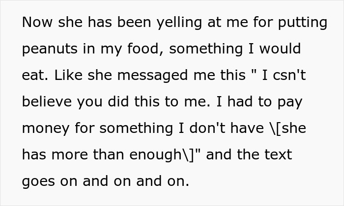 Text about a serial food thief with peanut allergy blaming roommate after stealing dinner causing conflict.