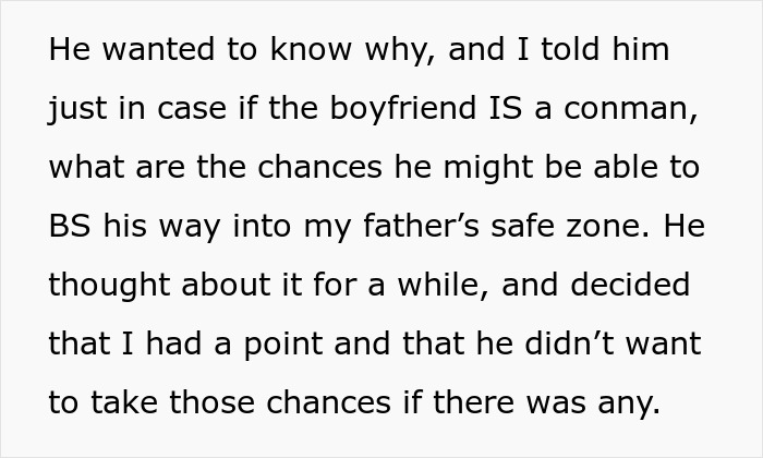 Text excerpt discussing concerns about the boyfriend possibly being a conman and cautious thought process by the mother.
