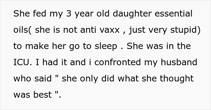 Mother-in-law poisons toddler with essential oils, husband shocked, wife leaves after ICU hospitalization.