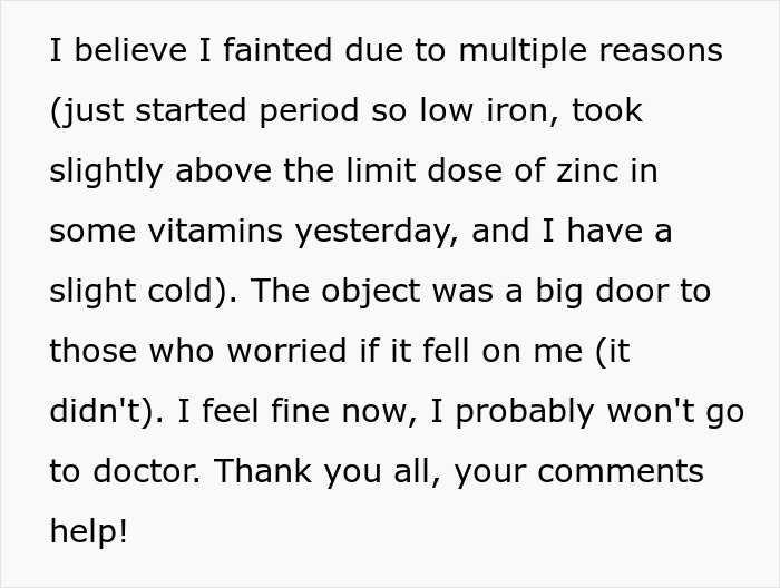 Teen faints and hurts herself, in tears after mom doubts fall was real, describing reasons for fainting and injuries.