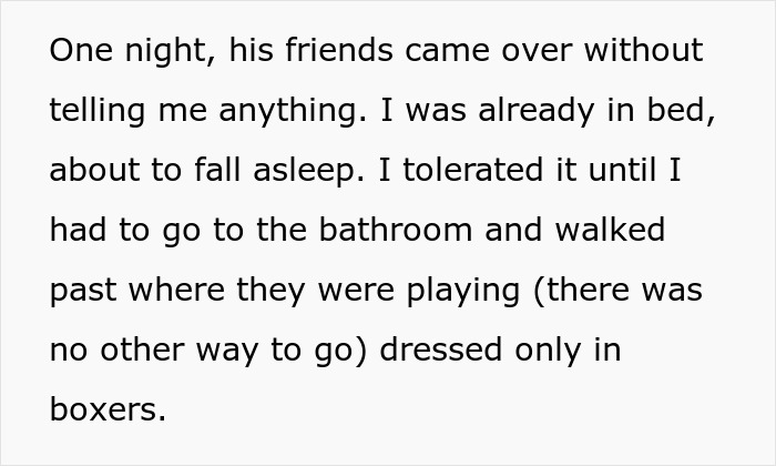 Man confronted about boxers bothering guests walks awkwardly past friends wearing only boxers, escalating the awkwardness.