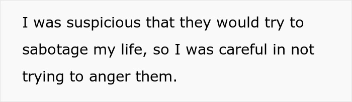 Text excerpt about feeling suspicious and cautious to avoid angering those who might sabotage life, related to mother-poisoned-me theme.