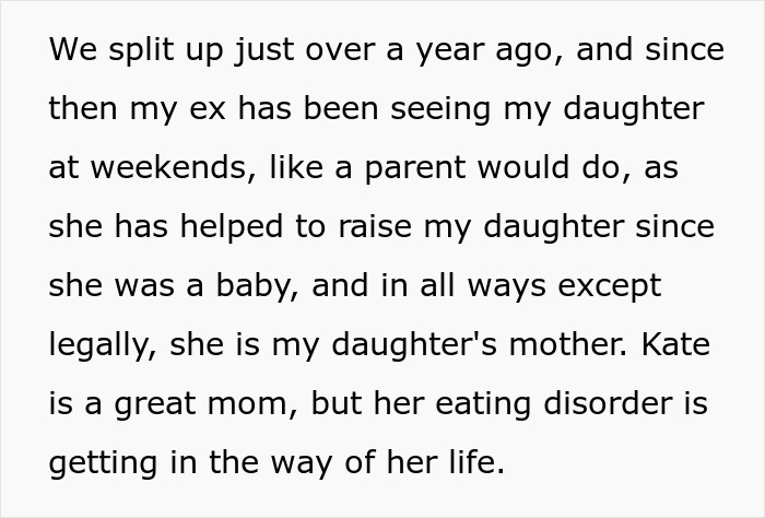 Text about ex&rsquo;s eating disorder impacting daughter, showing concern over little girl copying negative eating comments.