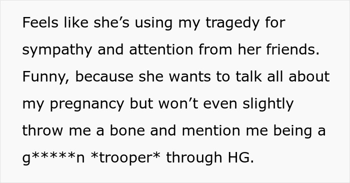 Text excerpt showing a woman calling out her mother-in-law for hijacking her pregnancy and sympathy on Facebook profile.