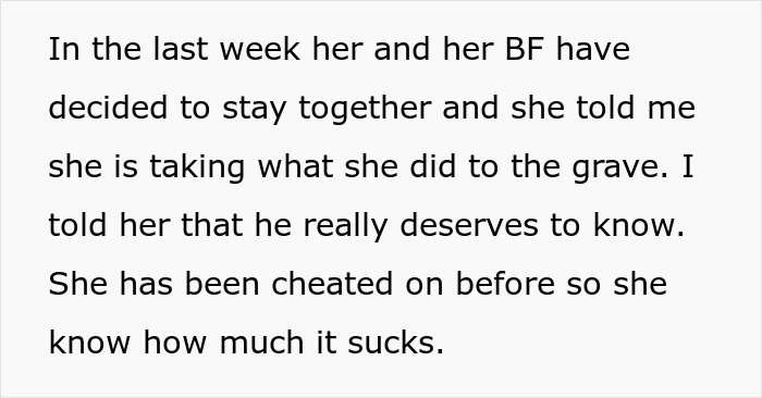 Text excerpt revealing a woman exposing her best friend&rsquo;s affair to her boyfriend, discussing the pain of cheating.
